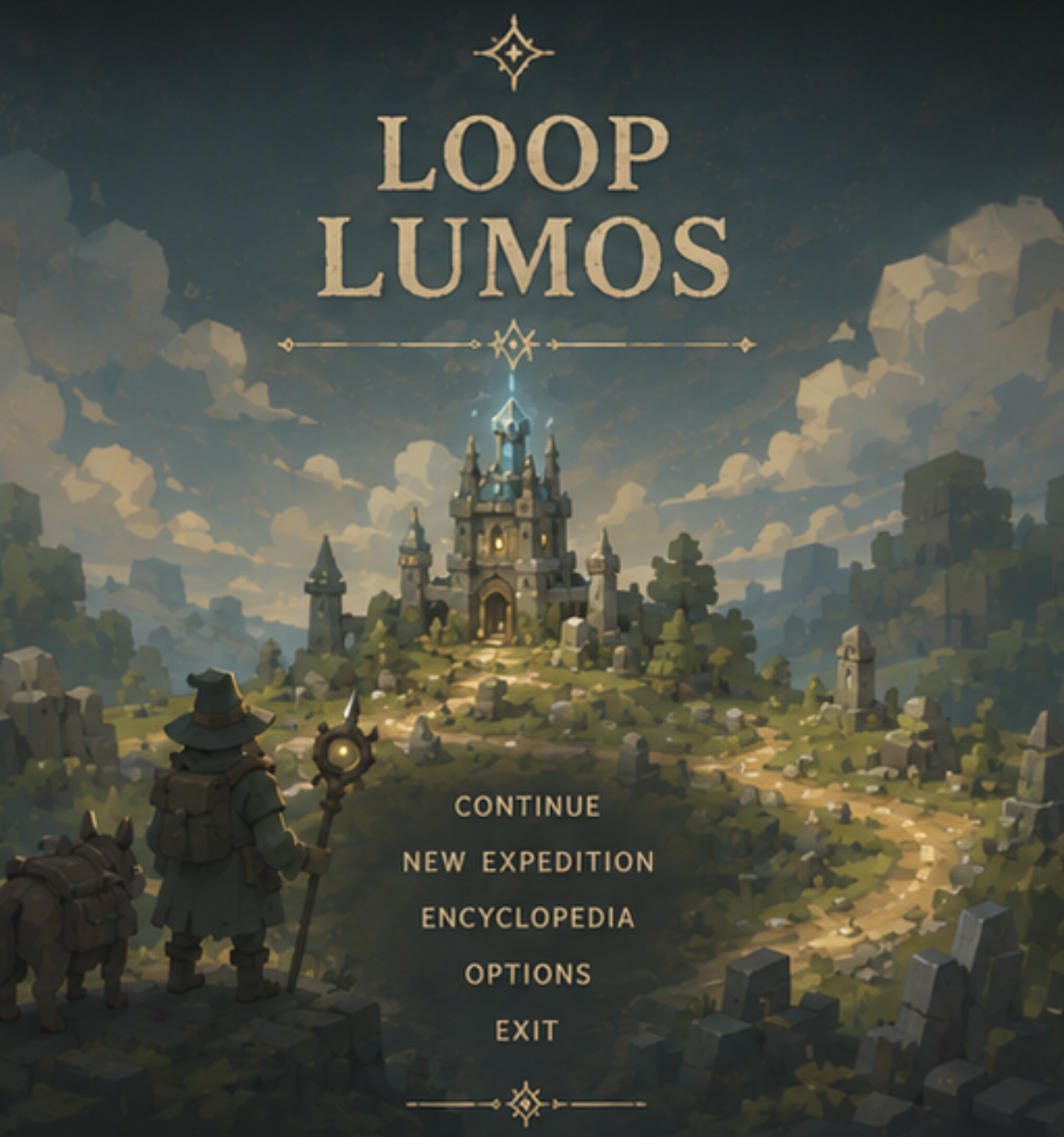 Looplumos title screen with a traveler overlooking a castle and winding paths.