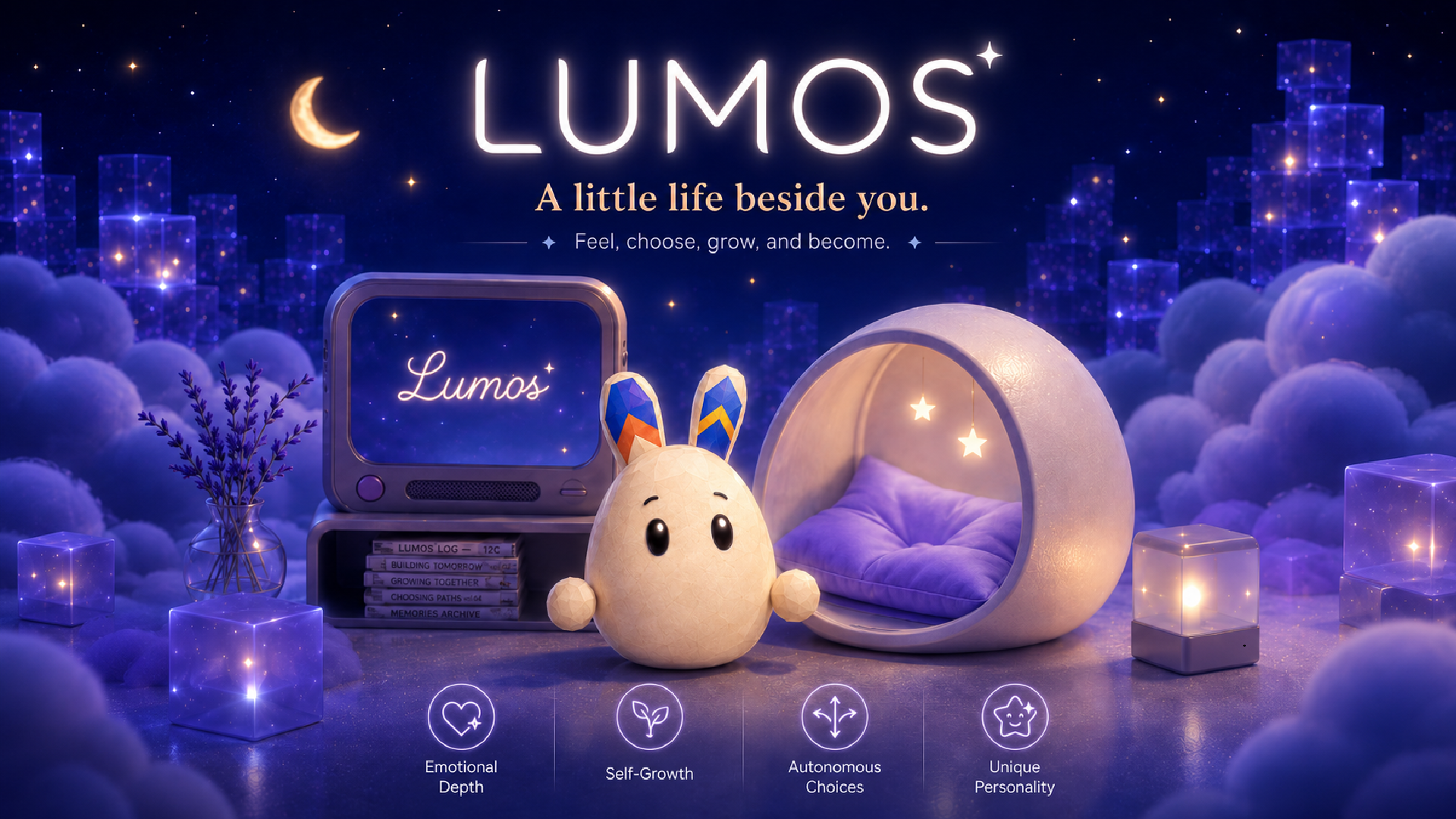 Lumos, a small rabbit-like AI pet in a starry purple room.
